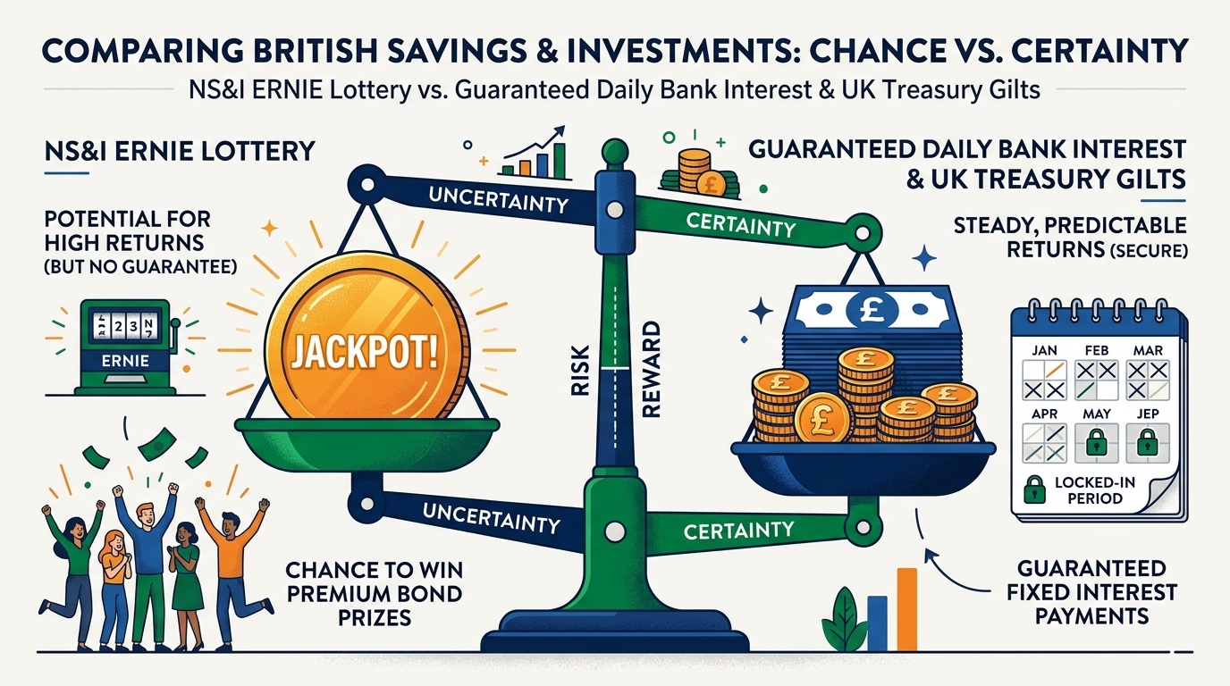 Comparing NS&I ERNIE Lottery Uncertainty vs Guaranteed Daily Bank Interest and UK Treasury Gilts