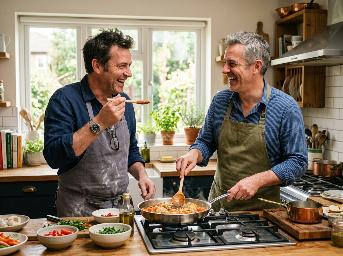 Two British savers cooking and laughing in home kitchen