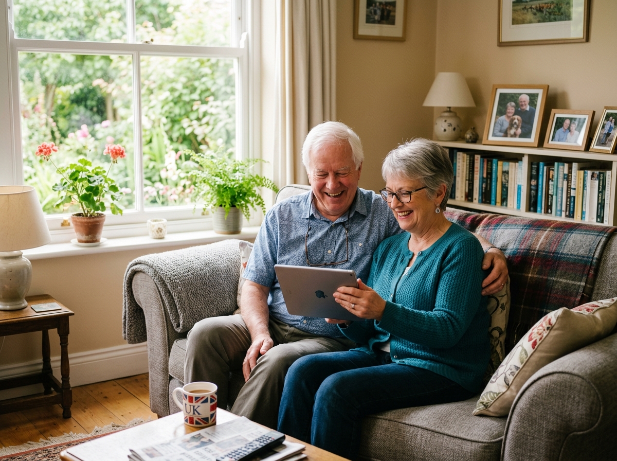 British couple checking Premium Bonds prize results on tablet