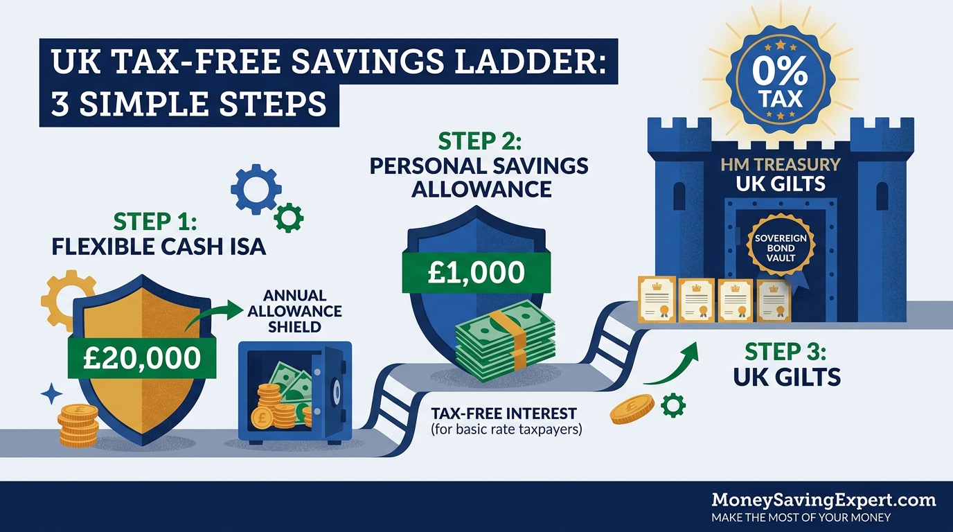 UK Tax-Free Savings Ladder: Step 1 Flexible Cash ISA, Step 2 Personal Savings Allowance, Step 3 HM Treasury UK Gilts